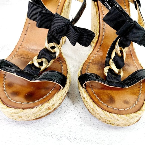 KATE SPADE Wedge Black Leather Espadrilles Sandals 8 Gold Chain Open Toe - Picture 9 of 14